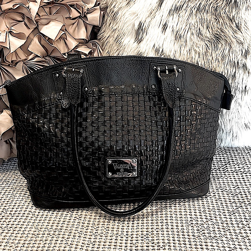 Valentina Italia Black Woven Leather Two Handle Zipper Laptop Tote Bag Purse - Picture 3 of 16